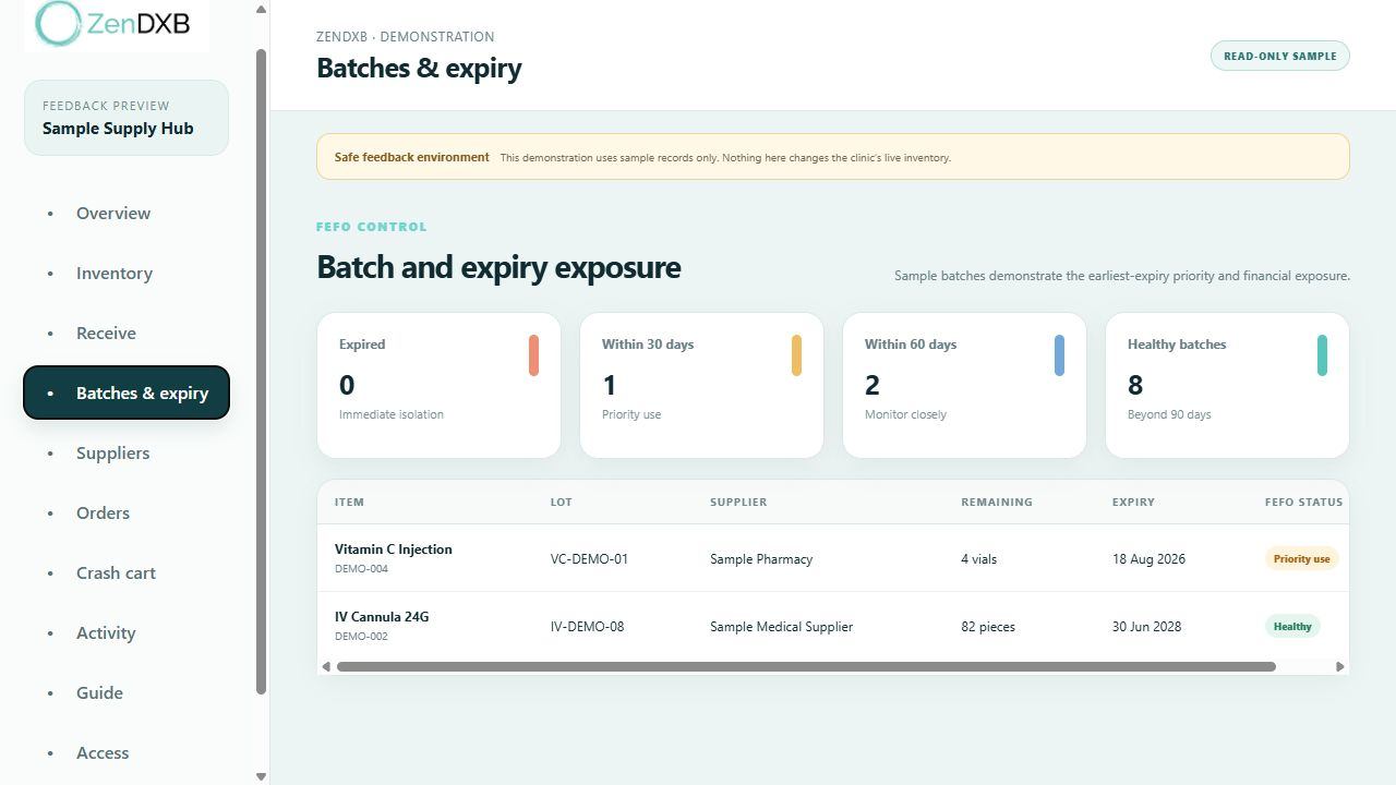 ZenDXB batch and expiry controls